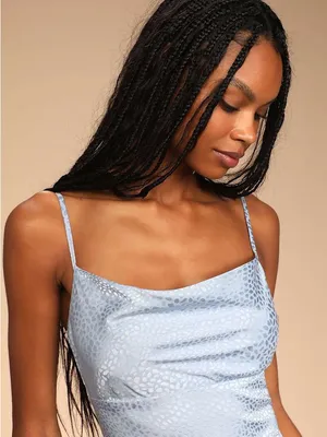NWT Lulus | Fiercely Chic Light Blue Satin Jacquard Print Cowl Midi Dress, S thumbnail 2