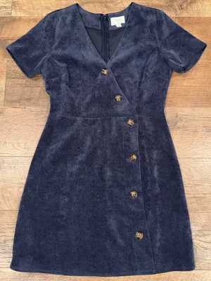 Everly Corduroy Women's Navy Short-Sleeve Button-Front Faux Wrap Dress thumbnail 1