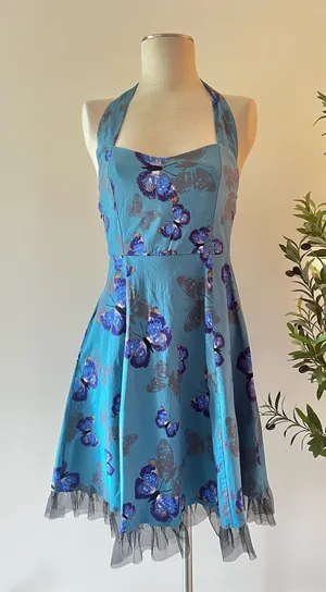 Whimsical teal Blue Butterfly Halter Dress with tulle ruffle thumbnail 1