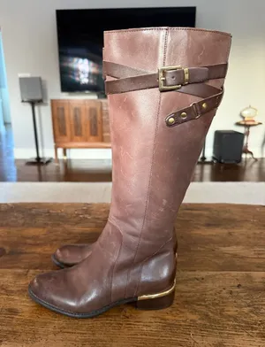 Franco Sarto Brown Leather Gold Hardware Celeste Riding Boots Size 5.5 thumbnail 1