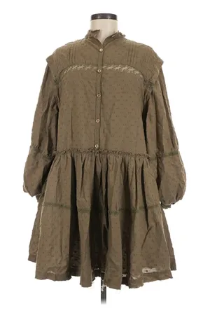 PILCRO Anthropologie Olive Swiss Dot Lace Trim Babydoll Mini Dress M Boho thumbnail 1