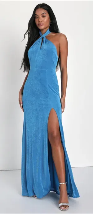 Lulus Stunning Attitude Blue Keyhole Halter Neck Maxi Dress thumbnail 1