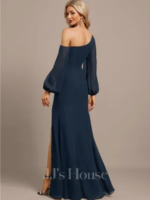 NEW JJ's House Lani Dark Navy Trumpet/Mermaid One Shoulder Chiffon Gown Sz 8 thumbnail 2