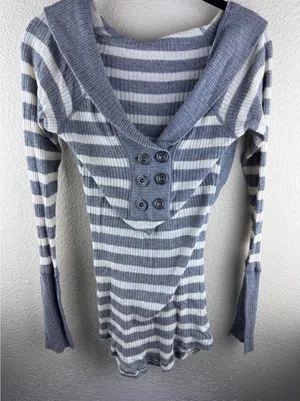 Free People Y2K Striped Thermal‎ Hoodie Small Earthy Nautical Boho Indie Breton thumbnail 1