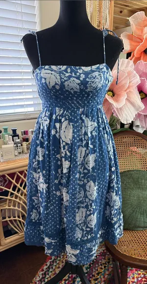 Gap Blue & White Floral Batik Linen Garden Cottage Brunch Boho Shower Mini Dress thumbnail 1
