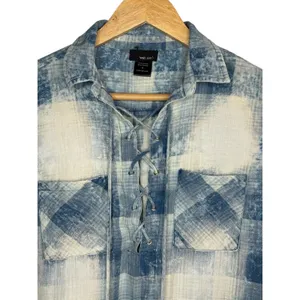 Wet Seal‎ Plaid Lace Up Tunic Womens Medium Blue Distressed Roll Tab Sleeve thumbnail 5