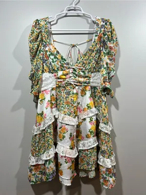 For Love & Lemons Rosalyn Yellow and Green Floral Lace-Trim Mini Dress Large thumbnail 2