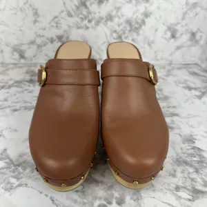 Veronica Beard Hendrix Brown Leather Platform Clogs 10.5 Wooden Block Heel Mules thumbnail 2