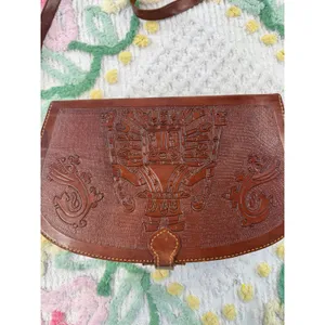 Vintage Hand‎ Tooled Leather Aztec Mayan Calendar Crossbody Saddle Bag Brown thumbnail 2