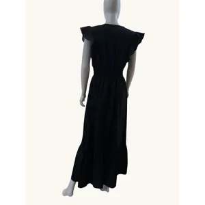 Molly Bracken Black Cotton Ruffle Maxi Dress Smocked Waist V-Neck‎ Size M thumbnail 14