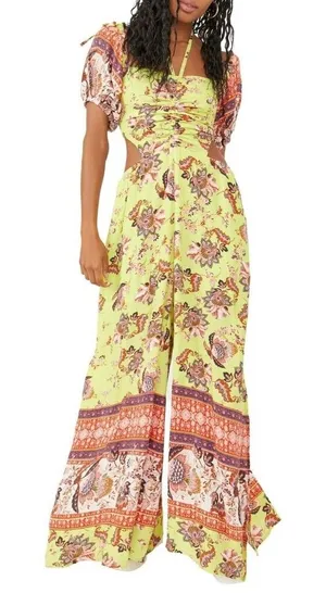 FREE PEOPLE Womens Medium‎ Green Bali Citrus Skies Jumpsuit Floral Cut Out New thumbnail 1