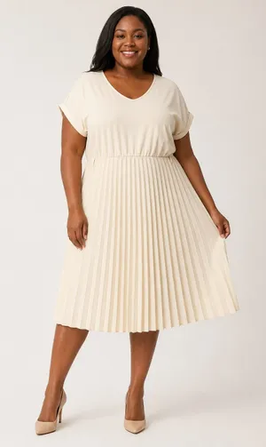 Title: Elizabeth & Nicole Women’s XL Ivory Pleated Midi Dress Short Sleeve thumbnail 1