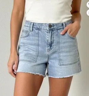 Aerie high rise blue denim shorts distressed raw hem size small. thumbnail 1