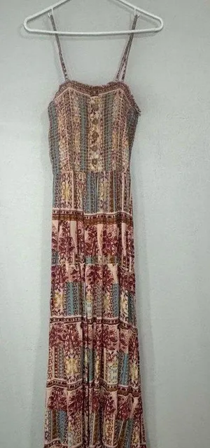 NWT Angie Pink and Brown Ruffled Tiered Maxi Sundress thumbnail 1