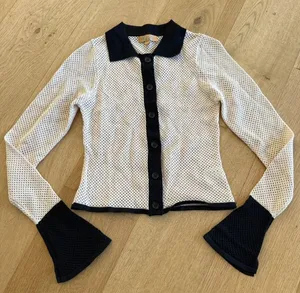 VRG GRL Perforated Knit Cardigan in Light Tan & Black thumbnail 1