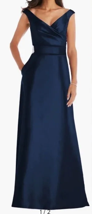 NWOT Alfred Sung Midnight Off the Shoulder Satin Gown Navy D811S 12 R thumbnail 1