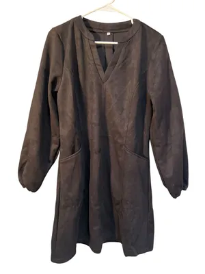 Womens Sz Large Faux Suede Dress Long Sleeve Black V-Neck Pockets Thicker Weight thumbnail 1