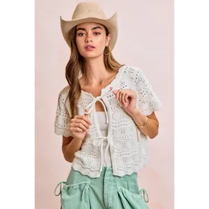 BiBi Front Bow Tie Detail Pointelle Knit Top - Ivory - XL thumbnail 8