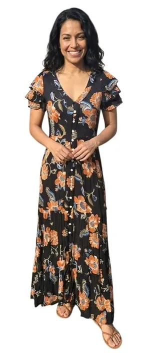 Patrons of Peace 39G Womens Black‎ Floral Rayon Button Front Ruffle Maxi Dress S thumbnail 1