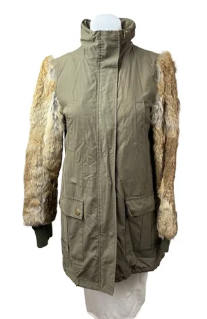 Aqua Genuine Rabbit Fur Long Sleeve Stand Collar Utility Parka Coat Jacket Sz XS thumbnail 1
