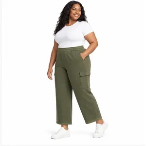 Terra & Sky Womens Plus Size 3X Olive Cargo Pants French Terry Wide Leg 28in thumbnail 5