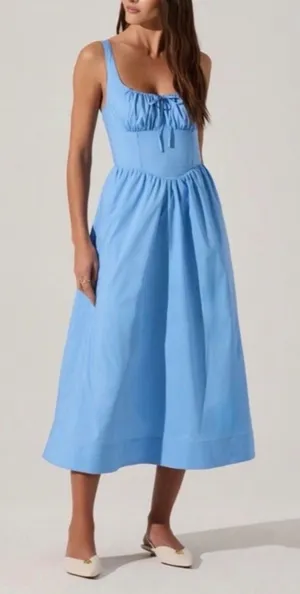 ASTR The Label Blue Corset Midi Dress Fit Flare Smocked Back Pockets Size Large thumbnail 1