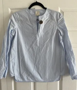 Trademark Split Neck Blouse Womens 2 Blue Poplin Oversized Button Cotton Size 2 thumbnail 1
