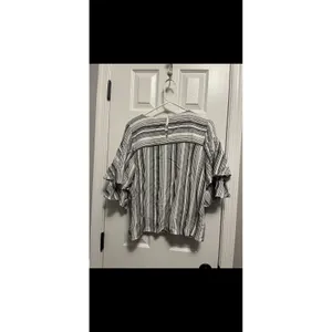 Loft Women Large Striped Floral Embellished Blouse 3/4 Ruffle Sleeve Top Black thumbnail 5