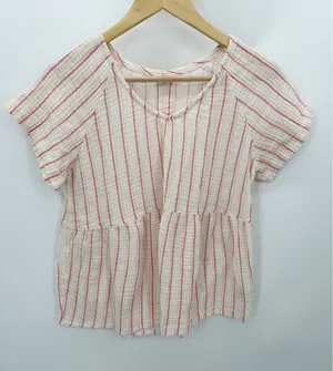 Maurices Women Medium White Red Yellow Striped Cotton Peplum Button‎ Back Top thumbnail 1