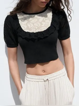 Zara Black Ecru Lace Trim Pointelle Knit Sweater Short Sleeves Size:M NWOT thumbnail 1