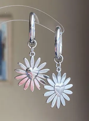 Handmade stainless steel sun heart flower boho retro vintage style 2WAY hoop earrings☀️ thumbnail 2