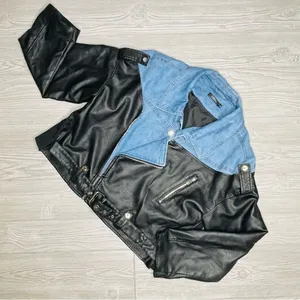 For her nyc hybrid moto jacket pleather & denim jean mixed xl motorcycle jacket thumbnail 1