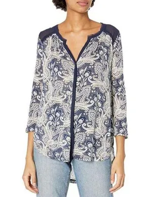 Lucky Brand Printed Woven Mix Top Button Front Navy Size Medium M EUC L1448 thumbnail 1