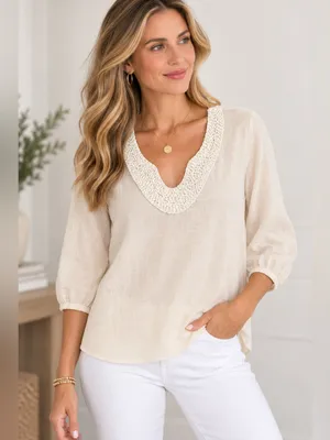Isaac Mizrahi New York Linen Blend Beaded Neck Blouse Small thumbnail 1
