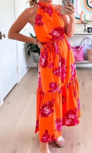 Scoop bright orange and pink floral halter neck maxi dress size small NWT thumbnail 1
