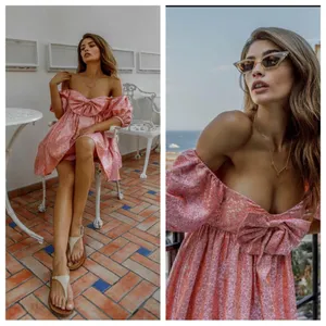 SAU LEE Arabella Mini Dress in Candy Pink Jacquard Floral Bow Puff Sleeve US 8 thumbnail 3