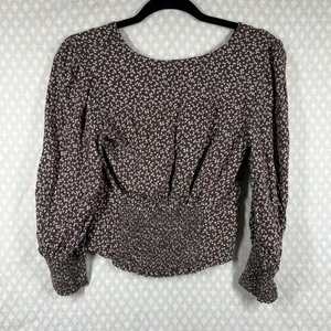 Abercrombie &‎ Fitch Brown White Floral Button Up Puff Sleeve Cropped Top thumbnail 7