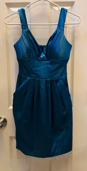 Satin Pleated Teal Mini Dress WITH POCKETS - Women's Sleeveless Party Dress thumbnail 1