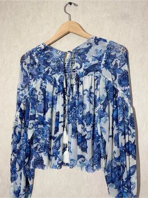 Free People Women’s Up For Anything Western Shirt Smocked Mesh Floral Blue S thumbnail 8
