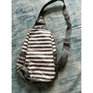 Thirty One Gray White Stripe Sling Crossbody Bag with Pink Accents thumbnail 2