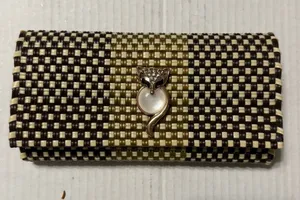 Vintage Woven Clutch Wallet Brown Beige Boho Evening Purse Pearl Accent Snap Closure thumbnail 1