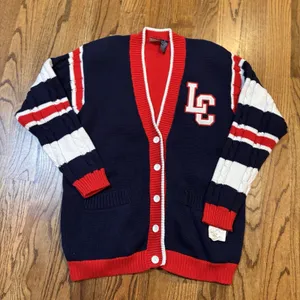 Vintage 90s‎ Lizsport Varsity Cardigan Sweater LC Red Navy Striped NWT Medium thumbnail 1