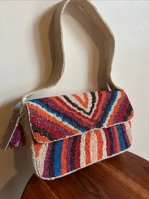 Handcrafted Beaded Multicolor Shoulder Bag - Neutral Strap festival beaded art thumbnail 1