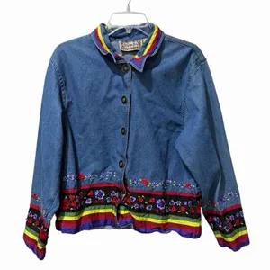 Tantrums Blue Denim Floral Embroidered Button‎ Up Jean Jacket Women's Medium VTG thumbnail 2