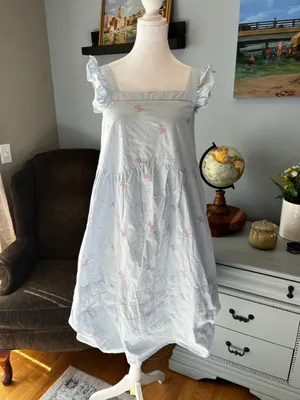 Light Blue Women’s Ruffle-Sleeve Dress with Pink Bow Embroidery Cotton Summer M thumbnail 2