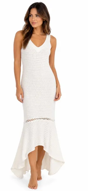 Scoop NYC White Crochet Knit Mermaid Maxi Dress High Low Hem Boho Resort Coastal thumbnail 1