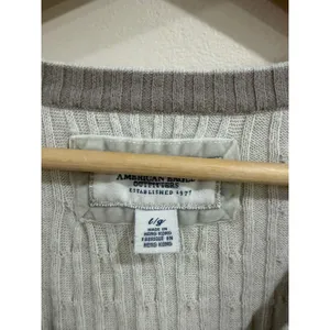 American Eagle Womens Cable Knit V-Neck Sweater Gray Cotton Angora Blend Large thumbnail 3