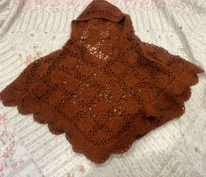 Handmade Crochet Hooded Poncho - Rust Brown thumbnail 1