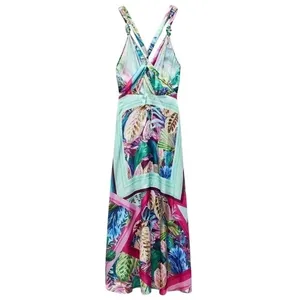 ZARA Multicolor Satin Effect Tropical Scarf Print V- Neck Midi Dress - S‎ NWT thumbnail 3