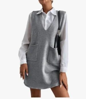 NEW Light Gray V Neck Sleeveless Knitted Short Sweater Dress with Pockets 2X thumbnail 3